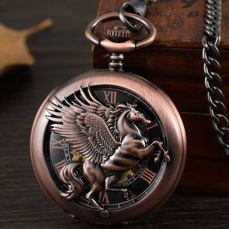 Pocket Watch Mechanical Skeleton Vintage - Vintage Fantasy Pegasus Horse Mechanical Pocket