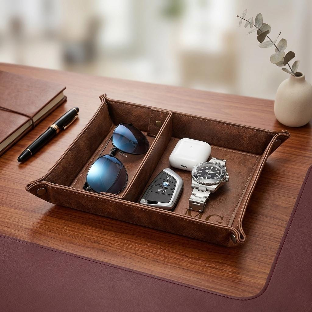 Valet Tray Nightstand Organizer Leather - Personalized Desk Organizer PU Leather Catchall