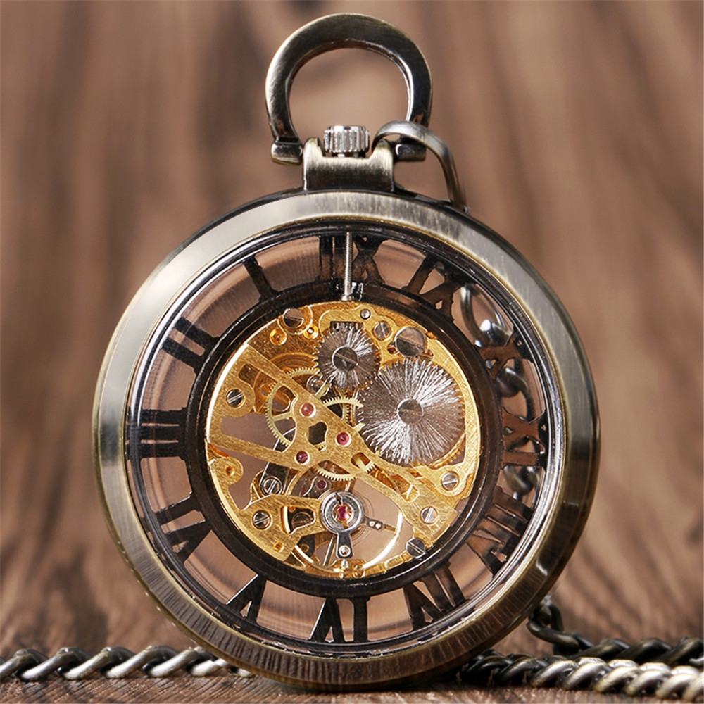 Transparent Skeleton Roman Num - Pocket Watch Mechanical Skeleton Vintage ulasan dan harga