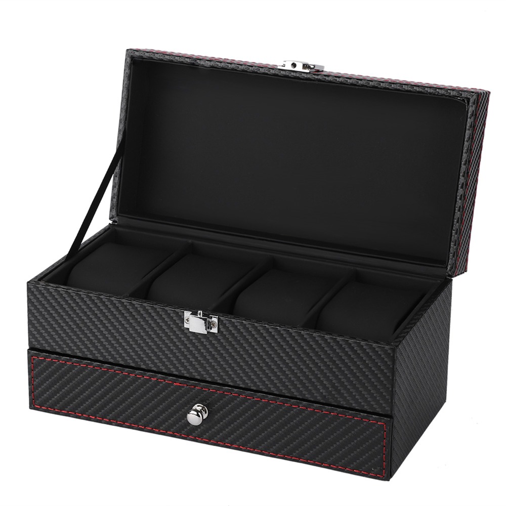 Portable Black Jewelry Organiz - Watch Display Storage Box Carbon Fiber ulasan dan harga