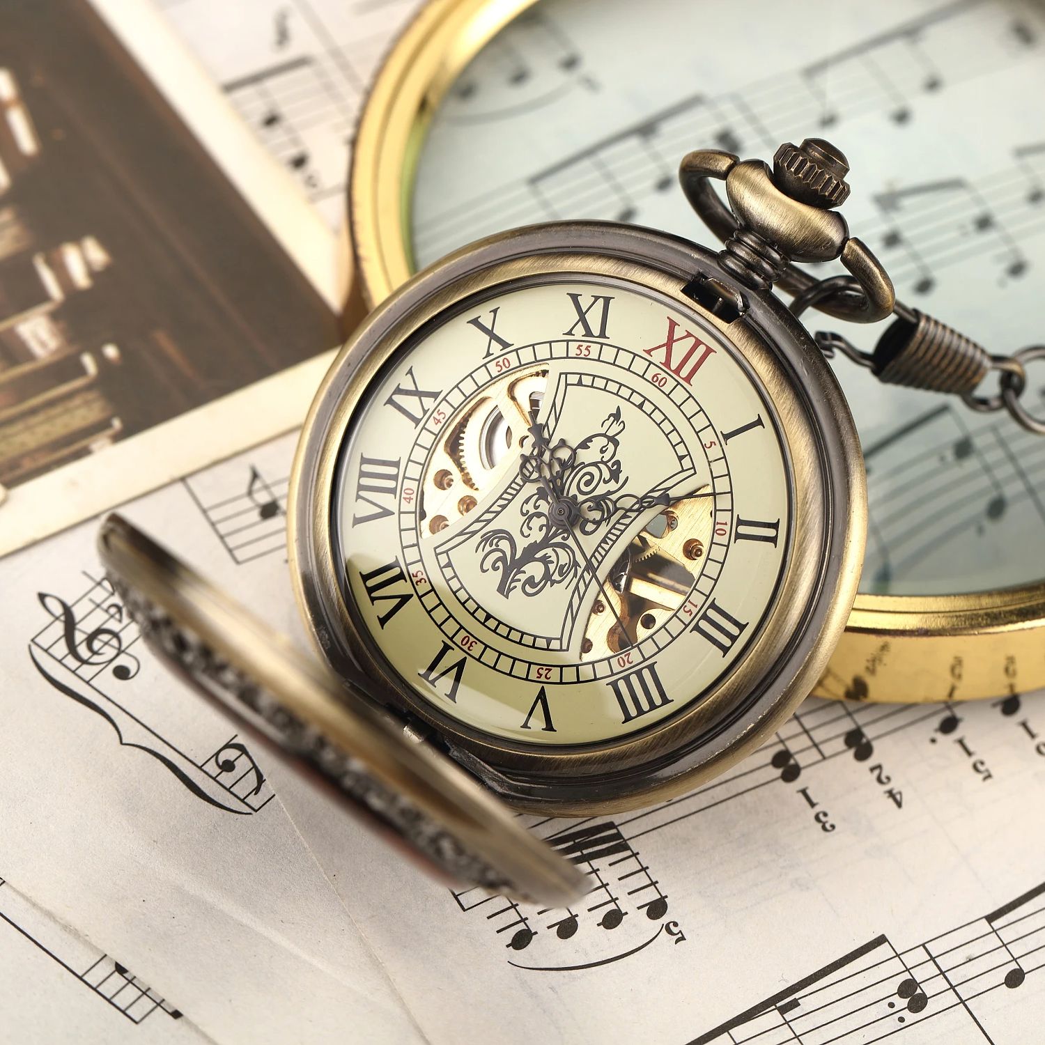Vintage luxury wooden ring ske - Pocket Watch Mechanical Skeleton Vintage ulasan dan harga